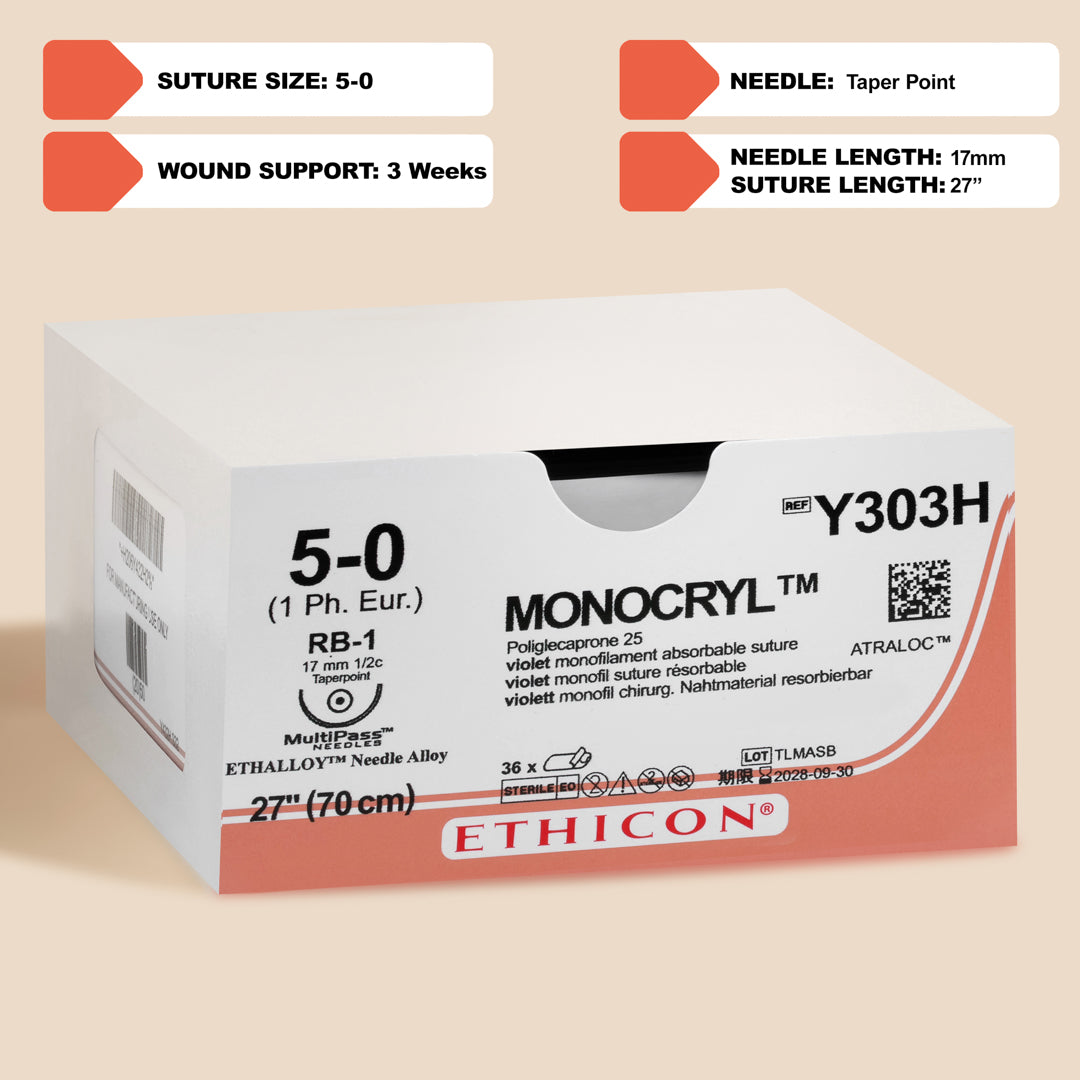 Box of Ethicon 5-0 MONOCRYL® Violet Sutures, model Y303H, presenting a long 27-inch suture with a silver RB-1 taper point needle. The suture's violet hue and absorbable nature are highlighted, signifying its utility in providing secure and effective wound closure.