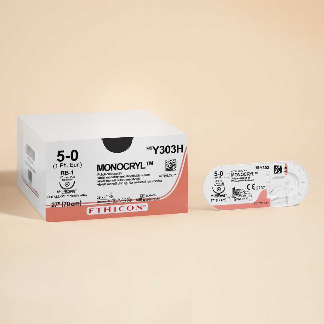 Box of Ethicon 5-0 MONOCRYL® Violet Sutures, model Y303H, presenting a long 27-inch suture with a silver RB-1 taper point needle. The suture's violet hue and absorbable nature are highlighted, signifying its utility in providing secure and effective wound closure.