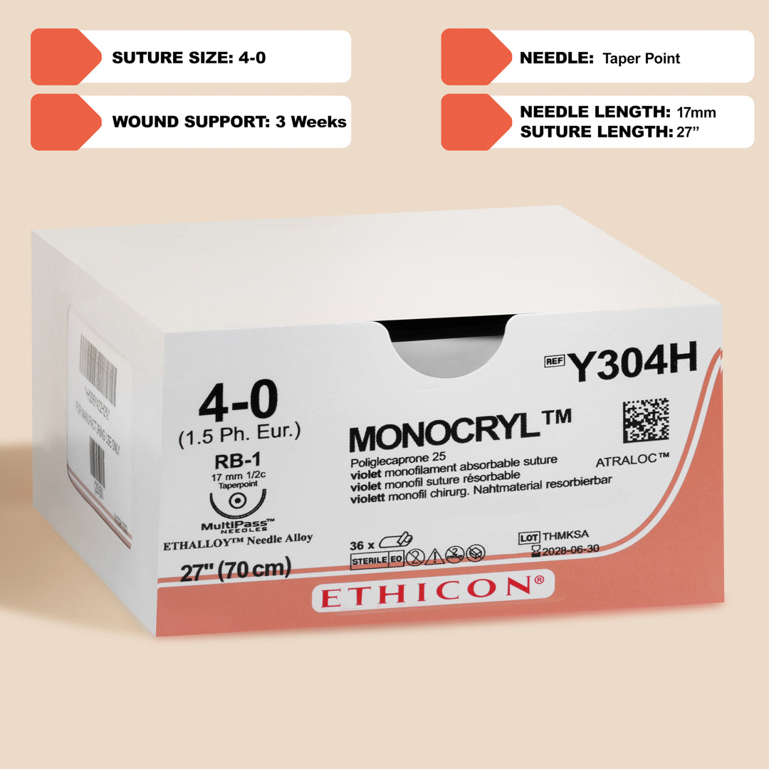 Ethicon 4-0 MONOCRYL® Violet Sutures, stock number Y304H, featuring a 27-inch suture prepped with a silver RB-1 taper point needle, ensuring precision and tissue integrity in absorbable suture applications.