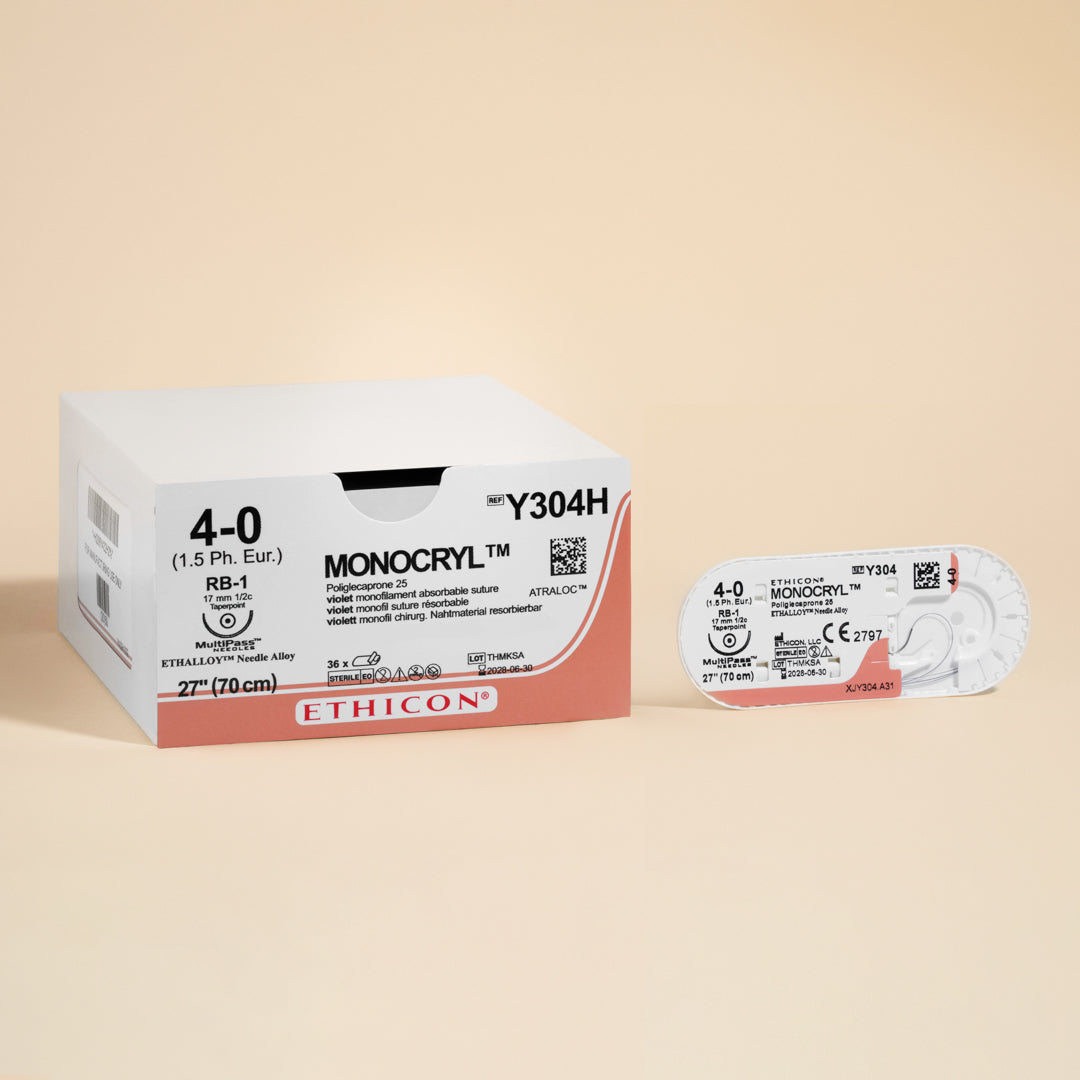 Ethicon 4-0 MONOCRYL® Violet Sutures, stock number Y304H, featuring a 27-inch suture prepped with a silver RB-1 taper point needle, ensuring precision and tissue integrity in absorbable suture applications.