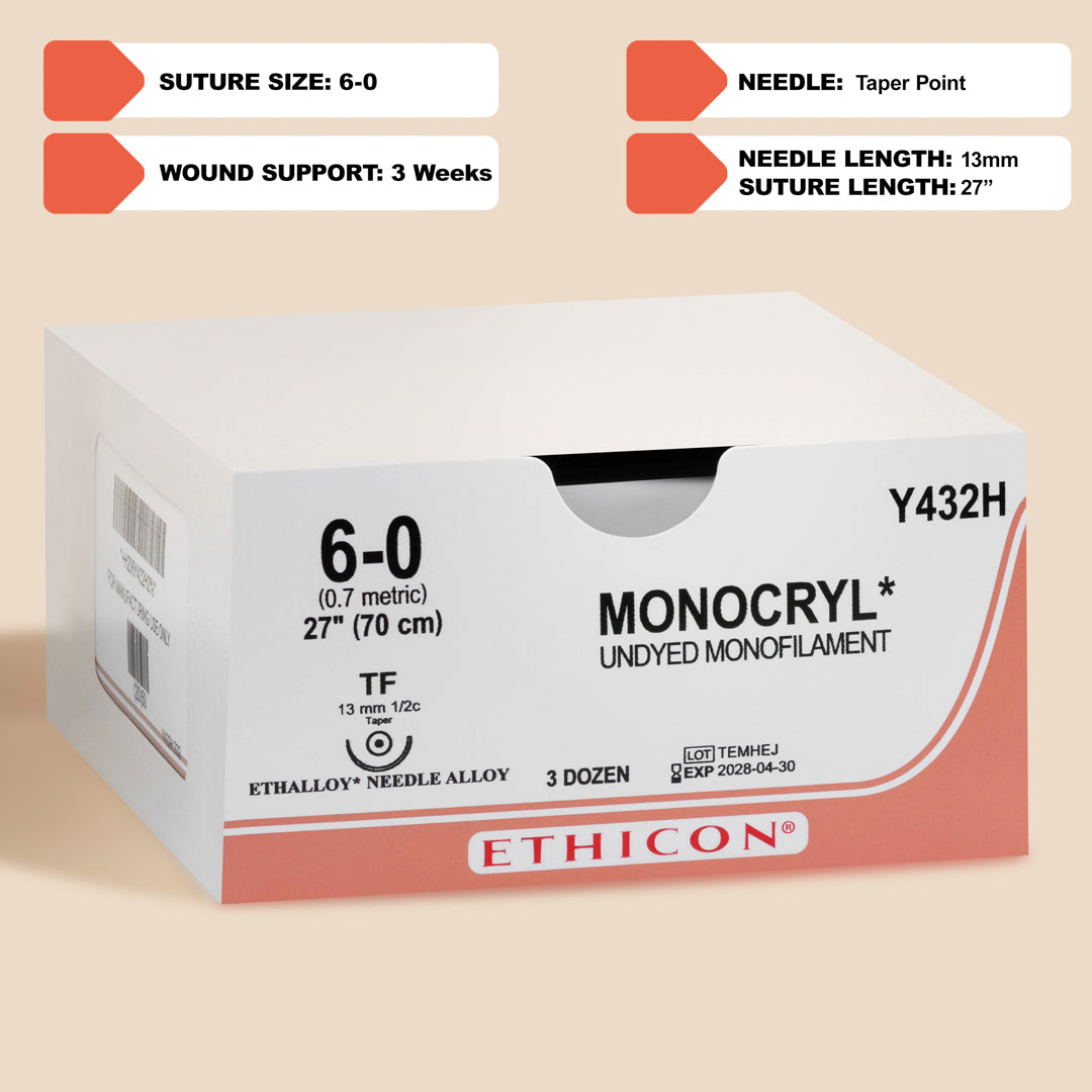 Box of Ethicon 3-0 MONOCRYL® Undyed Sutures, reference Y416H, showcasing long, natural-colored sutures paired with a 26mm SH taper point needle. Designed for absorbable applications, these sutures provide surgeons with the flexibility and reliability needed for successful outcomes.