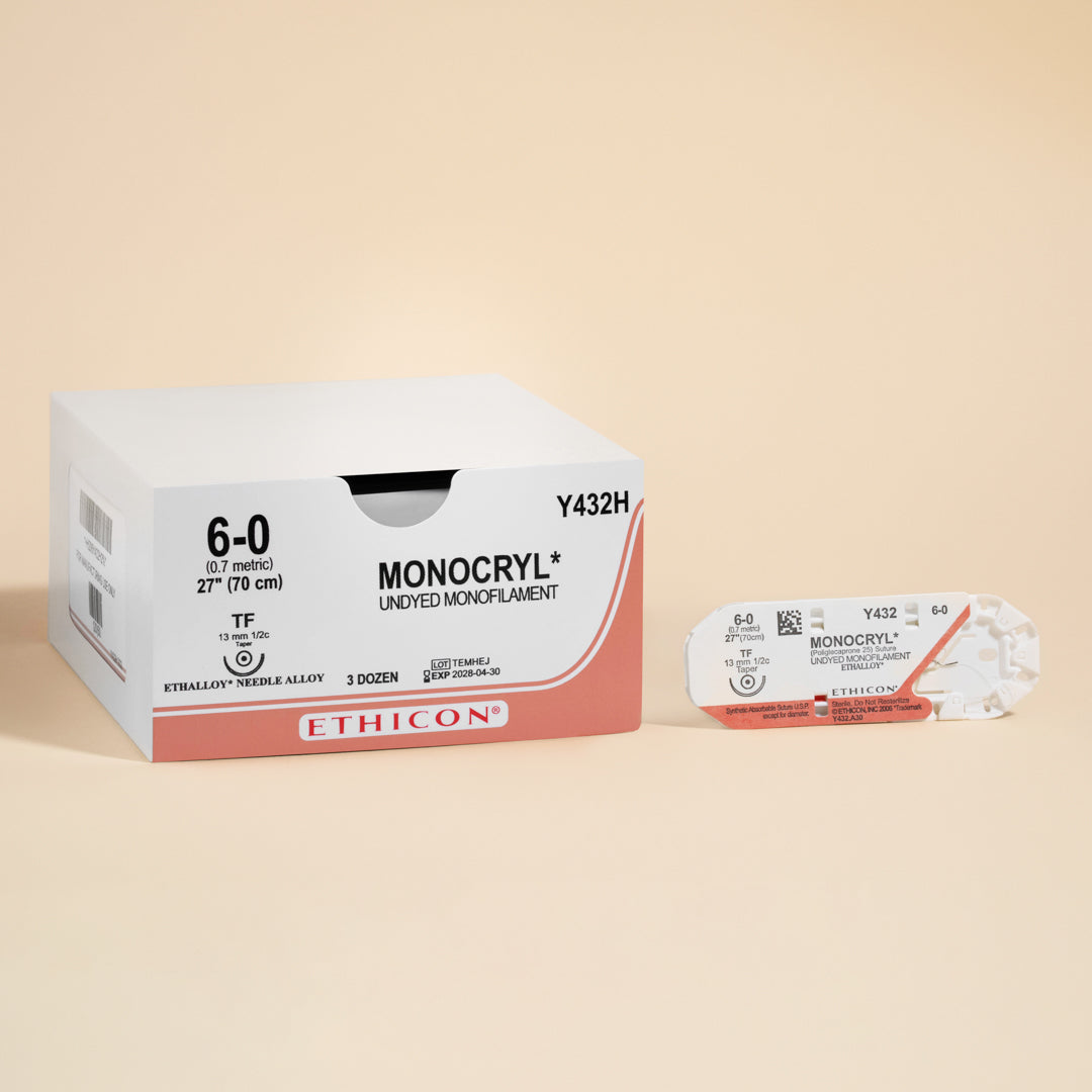 Box of Ethicon 3-0 MONOCRYL® Undyed Sutures, reference Y416H, showcasing long, natural-colored sutures paired with a 26mm SH taper point needle. Designed for absorbable applications, these sutures provide surgeons with the flexibility and reliability needed for successful outcomes.