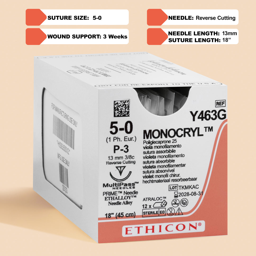 Ethicon 5-0 MONOCRYL® Violet Sutures, catalog number Y463G, featuring an 18-inch length paired with a silver P-3 reverse cutting needle. The packaging emphasizes the suture's absorbable nature and enhanced visibility, tailored for precision in surgical procedures.