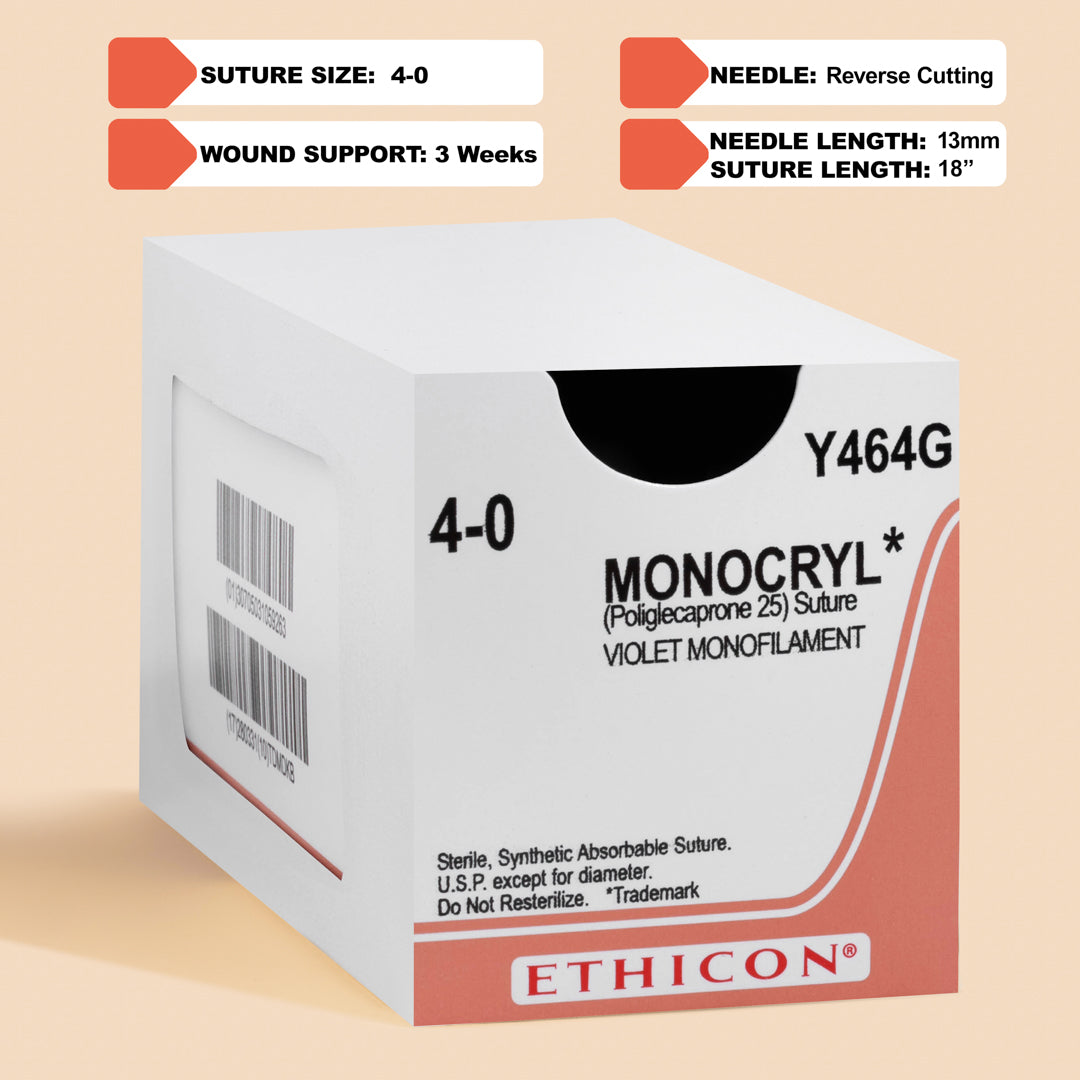 Box of Ethicon 4-0 MONOCRYL® Violet Sutures, model number Y464G, showcasing the sutures' distinctive violet color and equipped with a 13mm P-3 reverse cutting needle. The packaging highlights the sutures' absorbable nature, designed for effective and precise wound closure in surgical procedures