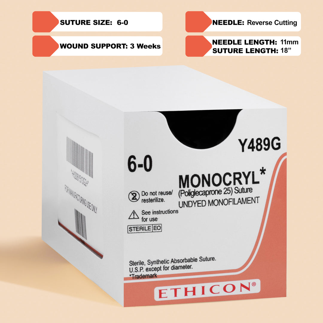 Ethicon 6-0 MONOCRYL® Undyed Sutures, product code Y489G, featuring a fine gauge and a sharp 11mm P-1 reverse cutting needle. The suture's undyed material and absorbable qualities are highlighted, catering to surgeries where natural appearance and rapid healing are prioritized.