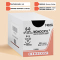 Box of Ethicon 6-0 MONOCRYL® Undyed Sutures, reference Y492G, showcasing a fine gauge suture paired with a 13mm P-3 reverse cutting needle. The packaging emphasizes the suture's absorbable nature and suitability for precise surgical applications, ensuring a natural finish and rapid healing.