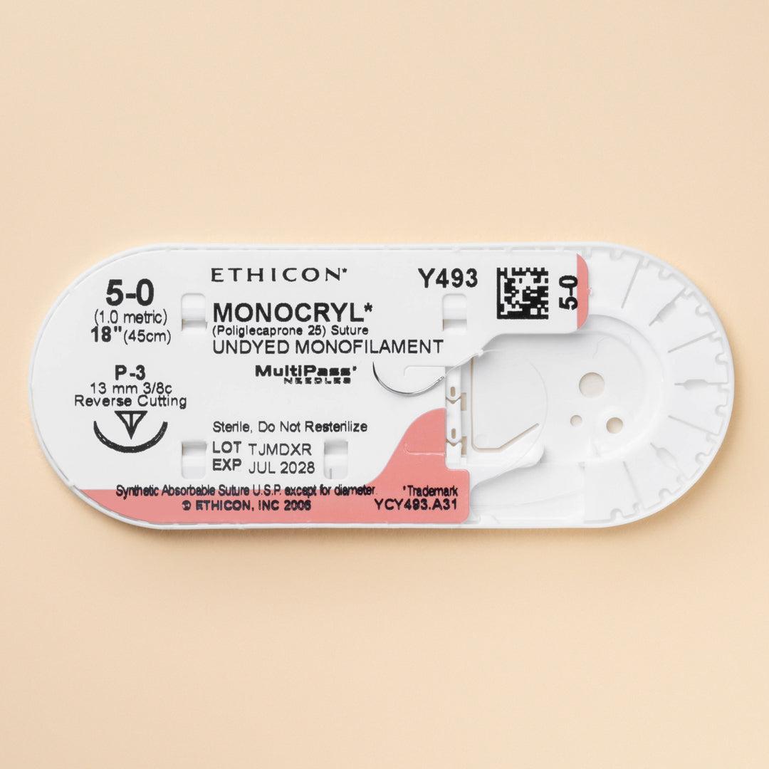 Box of Ethicon 5-0 MONOCRYL® Undyed Sutures, product number Y493G, featuring a natural-looking fine suture paired with a 13mm P-3 reverse cutting needle. The packaging highlights the suture's absorbable qualities and its design for precision in surgical applications, promoting natural healing and aesthetic results.
