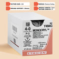 Box of Ethicon 4-0 Monocryl Plus undyed absorbable suture, 18-inch length with a P-3 reverse cutting needle, reference MCP494G.