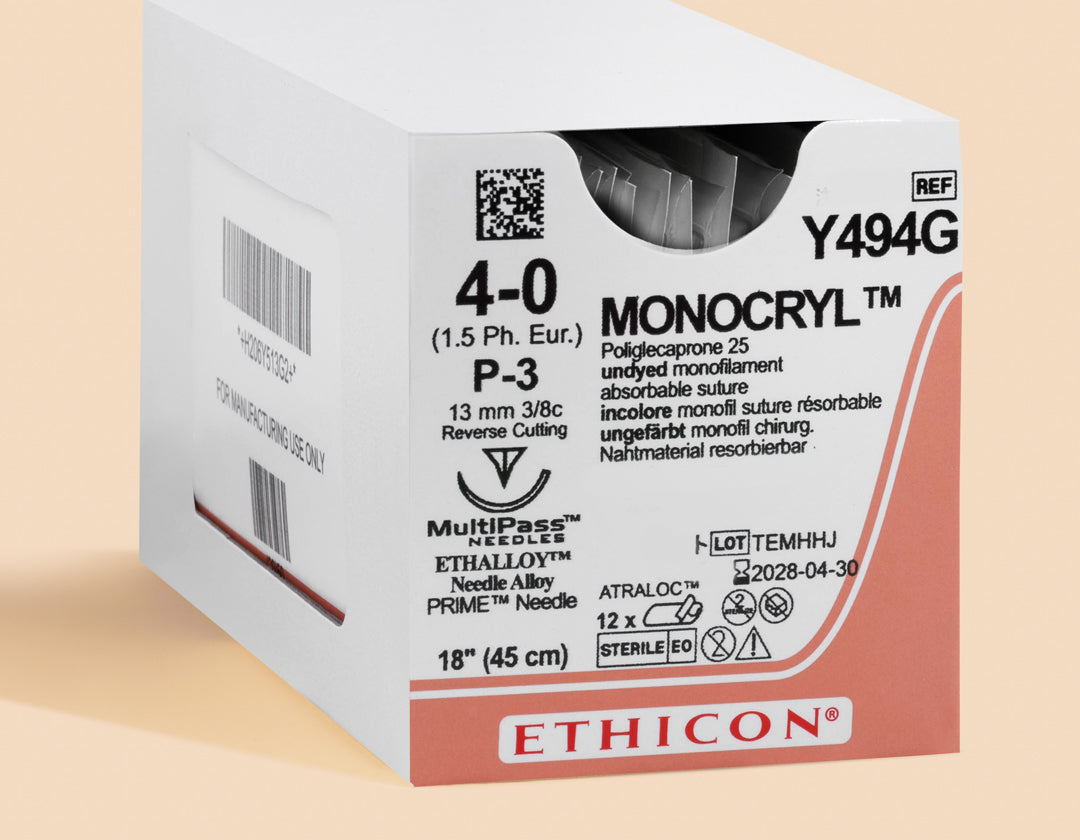 4-0 Monocryl Plus Undyed Suture, 18" P-3 Needle — Box of 12 | MCP494G — box