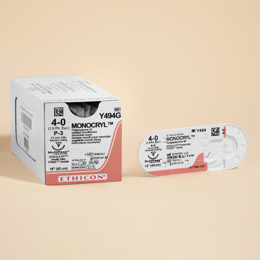 Box of Ethicon 4-0 MONOCRYL® Undyed Sutures, reference Y494G, showcasing the fine gauge sutures equipped with a 13mm P-3 reverse cutting needle. The packaging emphasizes the suture's absorbable nature and its suitability for delicate surgical procedures, ensuring a natural finish and effective wound closure.