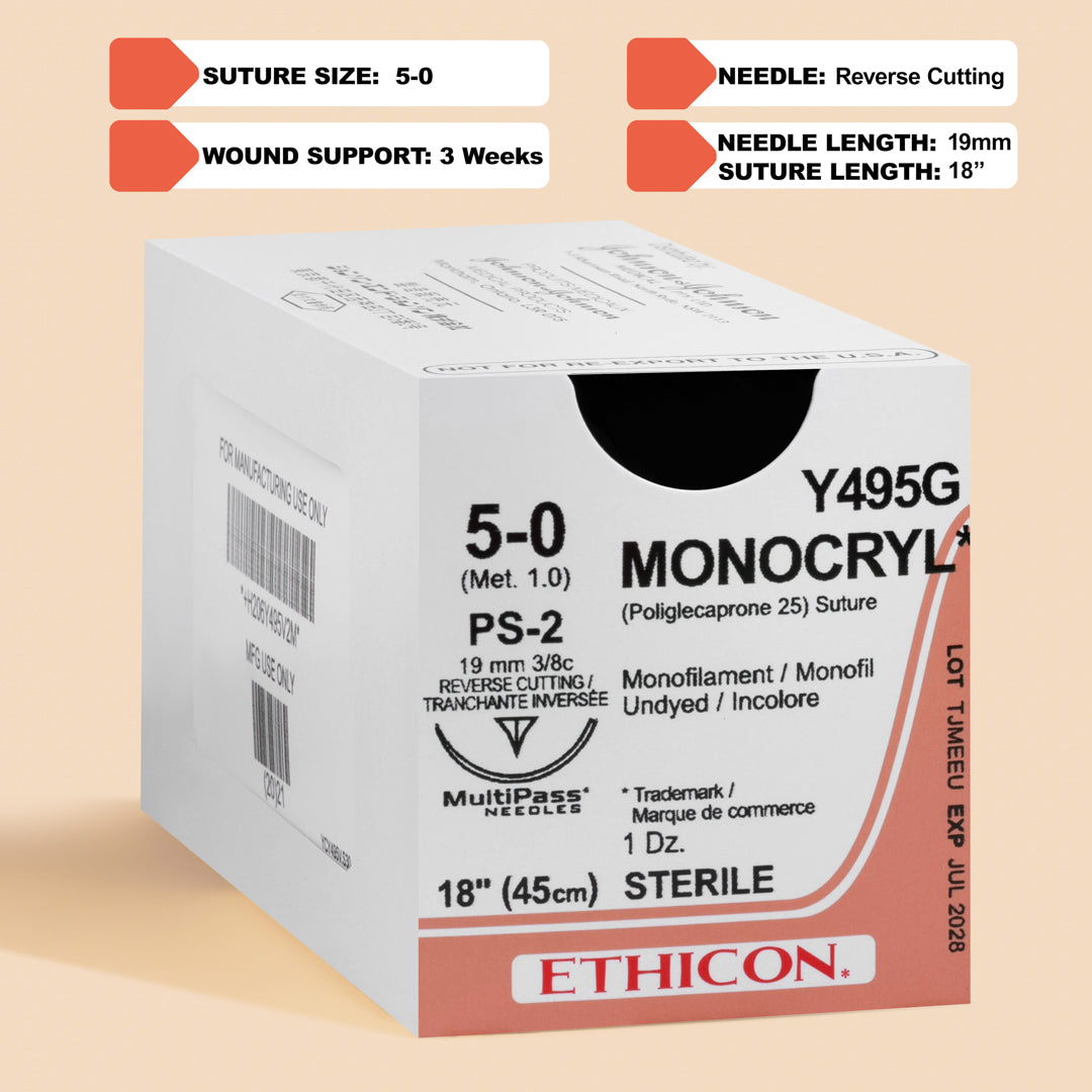 Ethicon 5-0 MONOCRYL® Undyed Sutures, reference Y495G, showcasing the natural-looking sutures with a 19mm PS-2 reverse cutting needle. The packaging emphasizes the suture's absorbable nature, designed for precision and aesthetics in surgical wound closure.