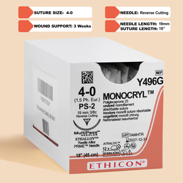 4-0 Monocryl Undyed Suture, 18" PS-2 Needle | MCP496G