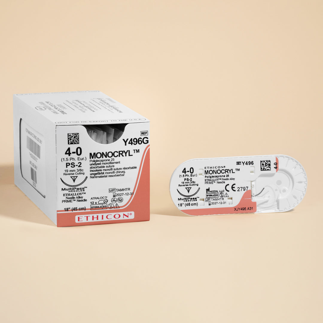 Box of Ethicon 4-0 MONOCRYL® Undyed Sutures, item Y496G, featuring an 18-inch length and a 19mm PS-2 reverse cutting needle. The packaging highlights the suture's absorbable nature and advanced technology, designed for optimal surgical results and patient satisfaction.