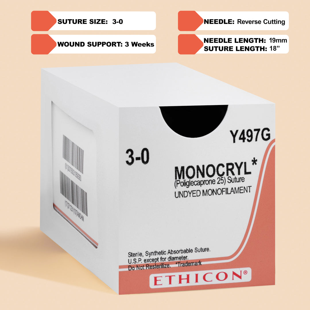 Box of Ethicon 3-0 MONOCRYL® Undyed Sutures, reference Y497G, showcasing a natural-colored suture equipped with a 19mm PS-2 reverse cutting needle. Designed for absorbable applications, the packaging underscores the suture's utility in achieving aesthetically pleasing and effective wound closure.