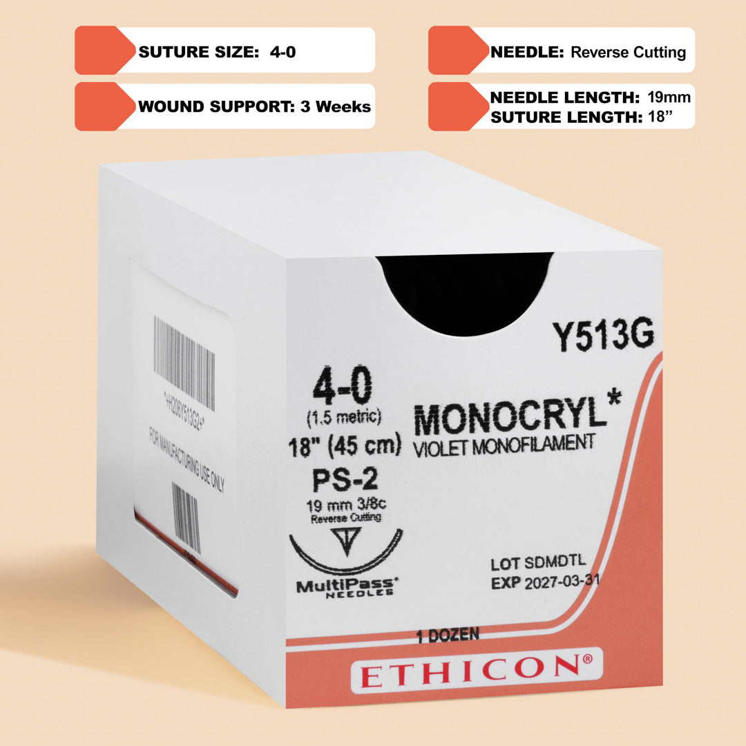 Box of Ethicon 4-0 MONOCRYL® Violet Sutures, product code Y513G, complete with an 18-inch suture and a 19mm PS-2 reverse cutting needle. The packaging highlights the suture's absorbable nature and the vibrant violet color, designed for superior visibility and precision in surgical applications.