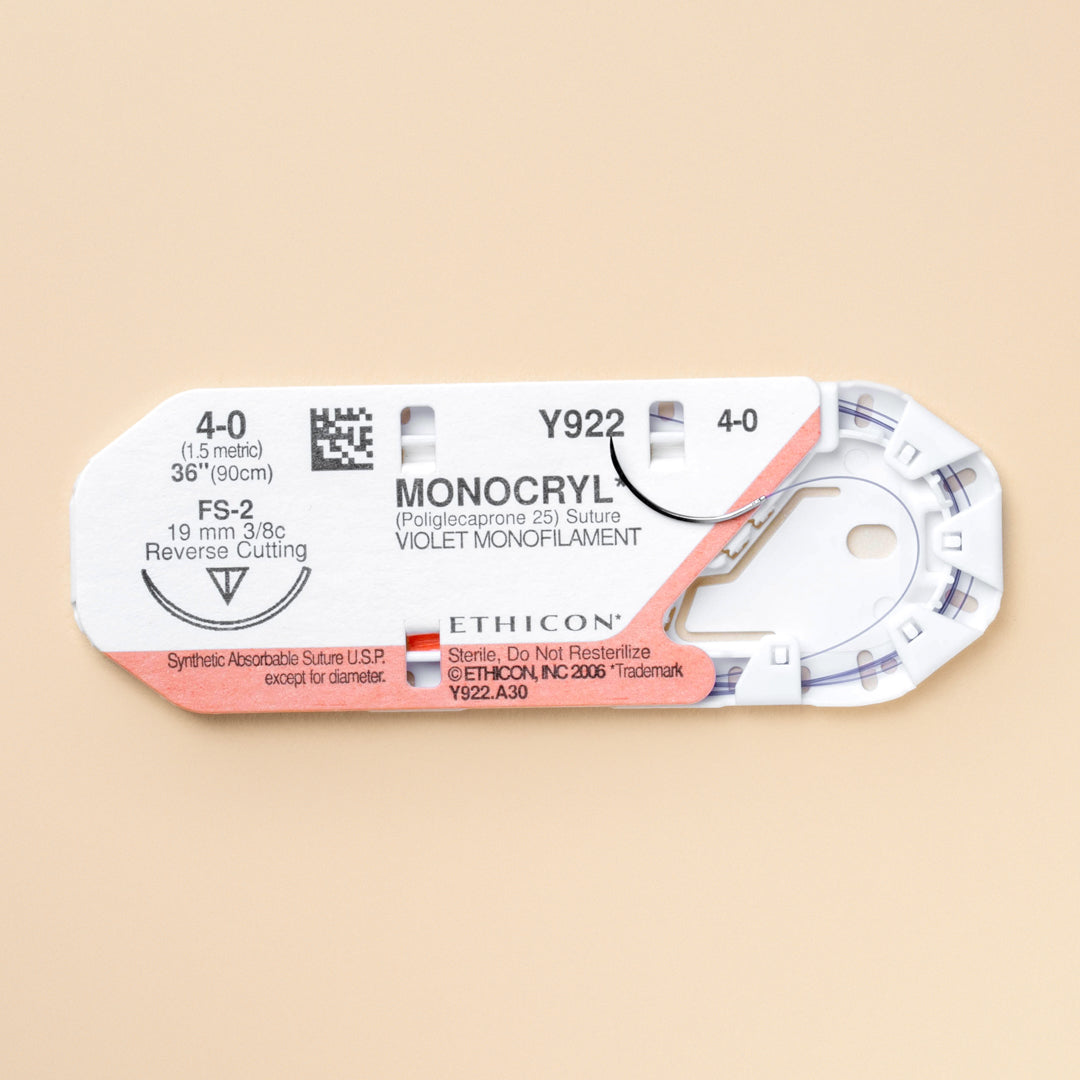 Box of Ethicon 4-0 MONOCRYL® Violet Sutures, item Y922H, showcasing a long 36-inch suture paired with a 19mm FS-2 reverse cutting needle. The suture's vibrant violet color and absorbable nature are emphasized, designed for effective and precise wound closure in an array of surgical procedures.