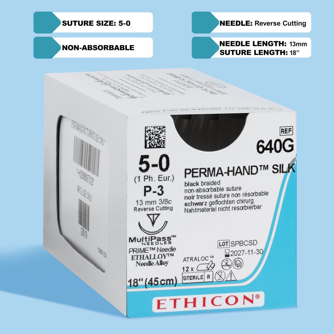 Box of PERMAHAND® 5-0 Black Silk Sutures, model 640G, showcasing the sutures equipped with a 13mm P-3 reverse cutting needle. The packaging highlights the suture's non-absorbable nature and its application in providing secure and precise wound closure.