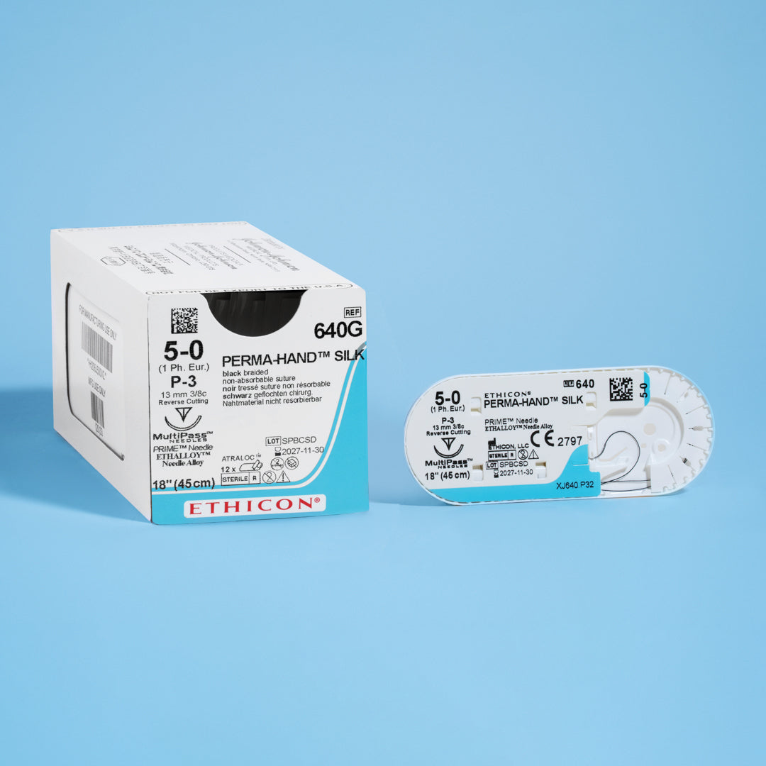 Box of PERMAHAND® 5-0 Black Silk Sutures, model 640G, showcasing the sutures equipped with a 13mm P-3 reverse cutting needle. The packaging highlights the suture's non-absorbable nature and its application in providing secure and precise wound closure.
