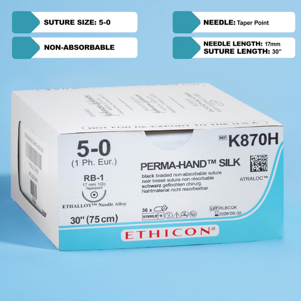 Image of a suture packaging labeled '5-0 PERMA-HAND SILK | K870H' showing key product details such as suture size, length, type, and needle information. The packaging is marked with the Ethicon brand, indicating a black braided silk suture with an ETHALLOY needle, presented in a sterile, professional format.