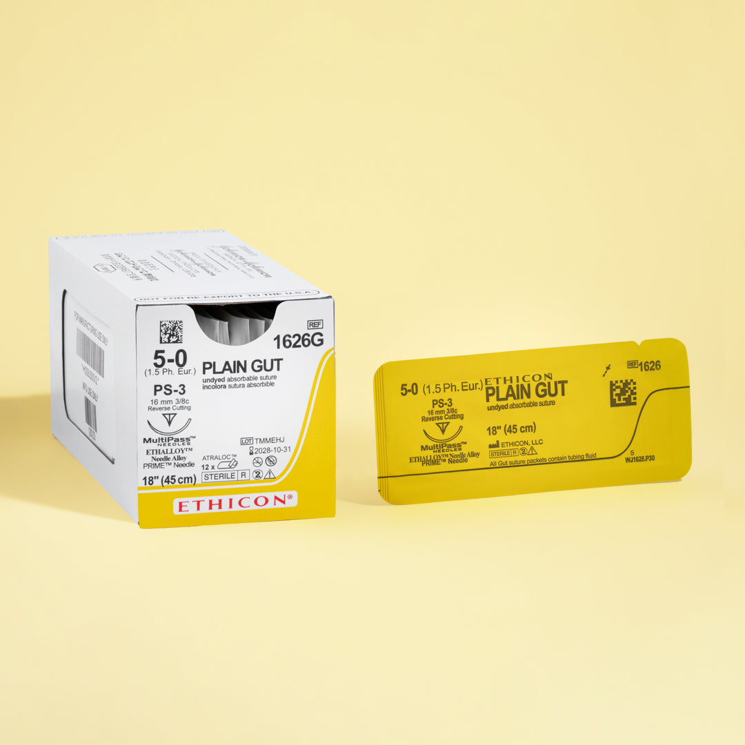 Box of 5-0 Surgical Gut Suture - Plain, model number 1626G, featuring yellowish tan absorbable sutures with a 16mm PS-3 reverse cutting needle. Designed for optimal performance in delicate surgical applications, highlighting the suture's natural composition and specialized needle for minimal tissue impact.