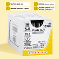 Box of 5-0 Surgical Gut Suture - Plain, model 1632G, featuring yellowish tan sutures paired with a 16mm PS-4 reverse cutting needle. The packaging emphasizes the suture's absorbable qualities and its specialized design for precise wound closure, highlighting its suitability for delicate surgical applications.