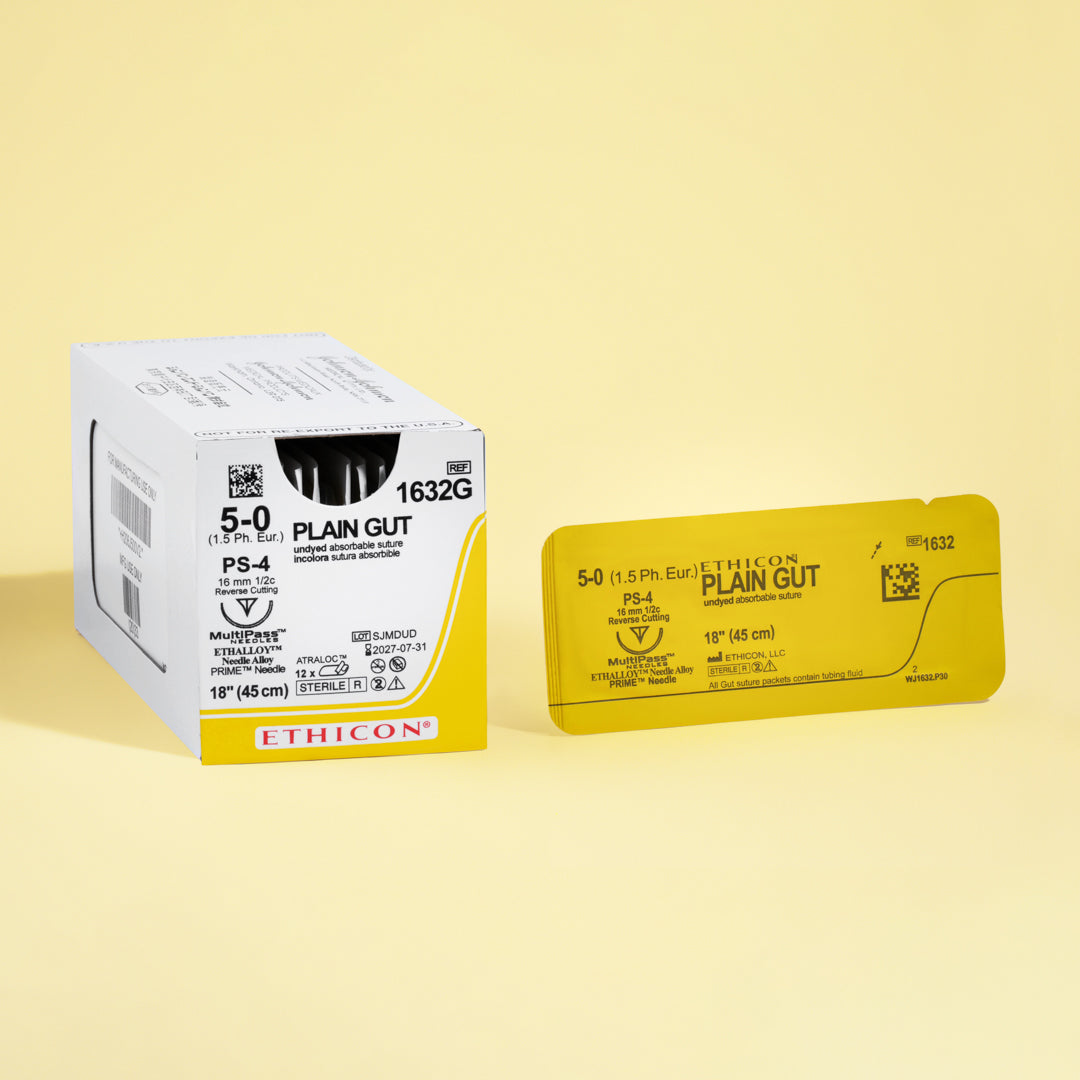 Box of 5-0 Surgical Gut Suture - Plain, model 1632G, featuring yellowish tan sutures paired with a 16mm PS-4 reverse cutting needle. The packaging emphasizes the suture's absorbable qualities and its specialized design for precise wound closure, highlighting its suitability for delicate surgical applications.