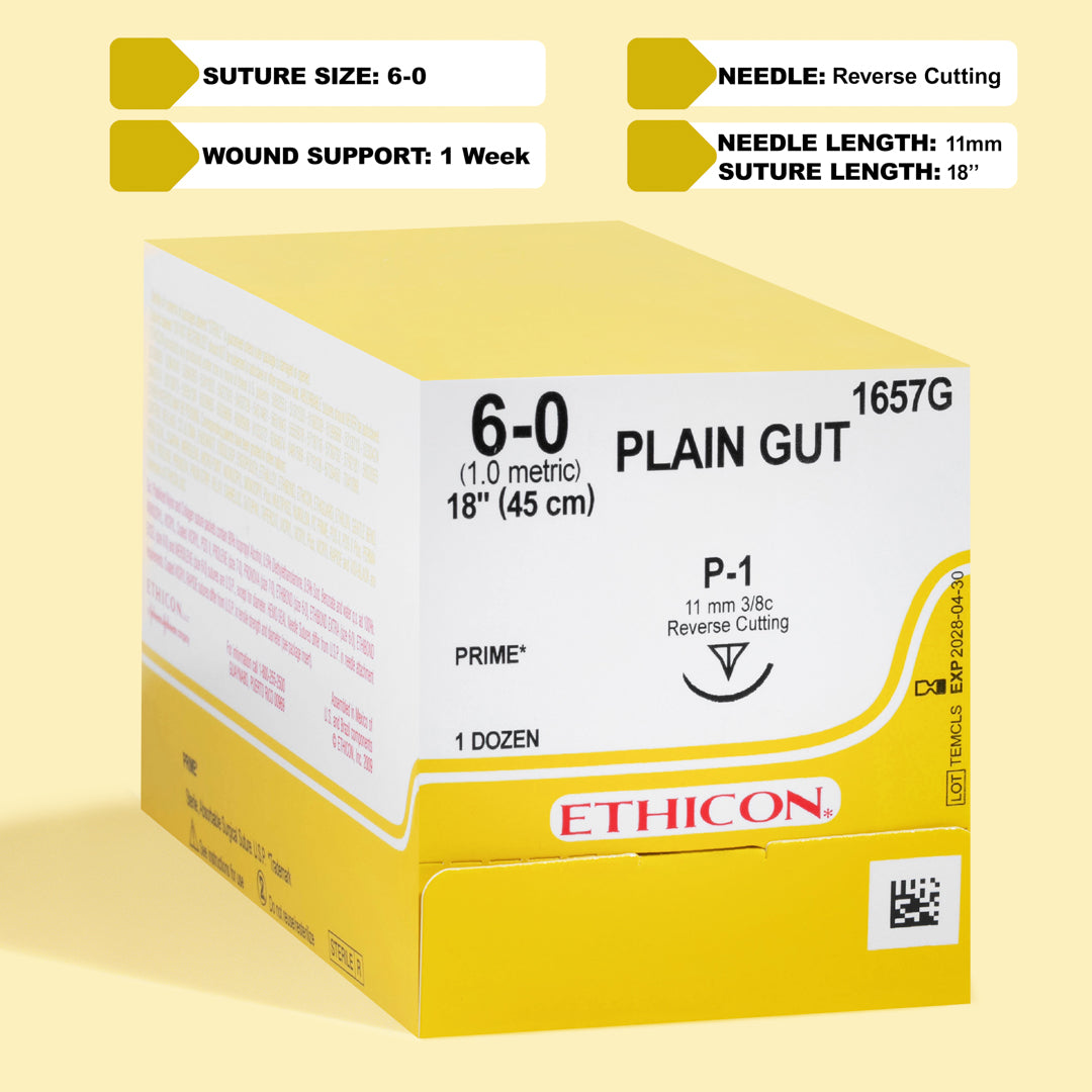 Box of 6-0 Plain Gut sutures, reference 1657G, showcasing the delicate, natural sutures equipped with a small 11mm P-1 reverse cutting needle for microsurgical precision. The bright yellow packaging indicates the specialized use of these sutures in procedures that require quick healing and minimal tissue disturbance