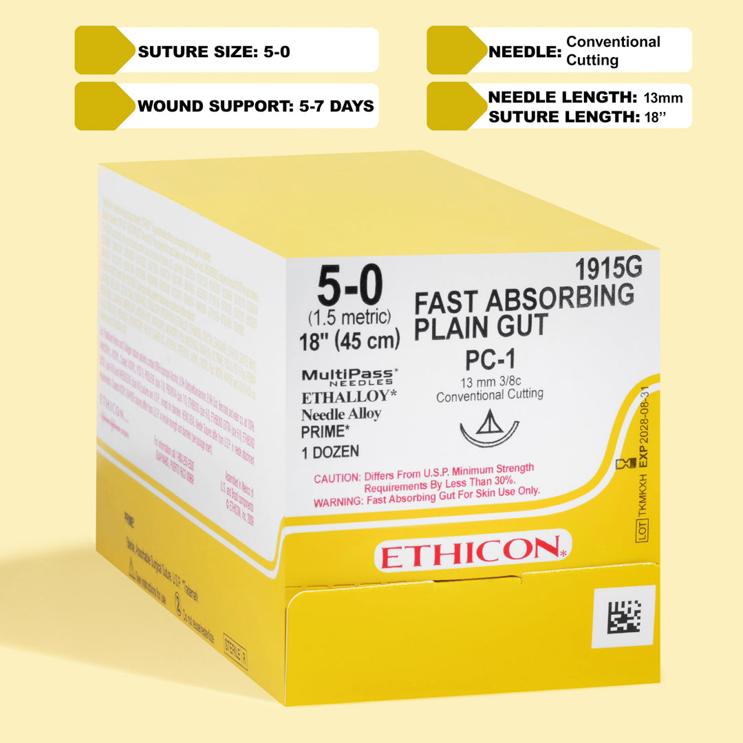 Box of 5-0 Fast Absorbing Gut sutures, reference 1915G, with yellowish-tan threads and a 13mm PC-1 conventional cutting needle, designed for quick absorption and delicate tissue approximation in surgical procedures, presented in the classic packaging