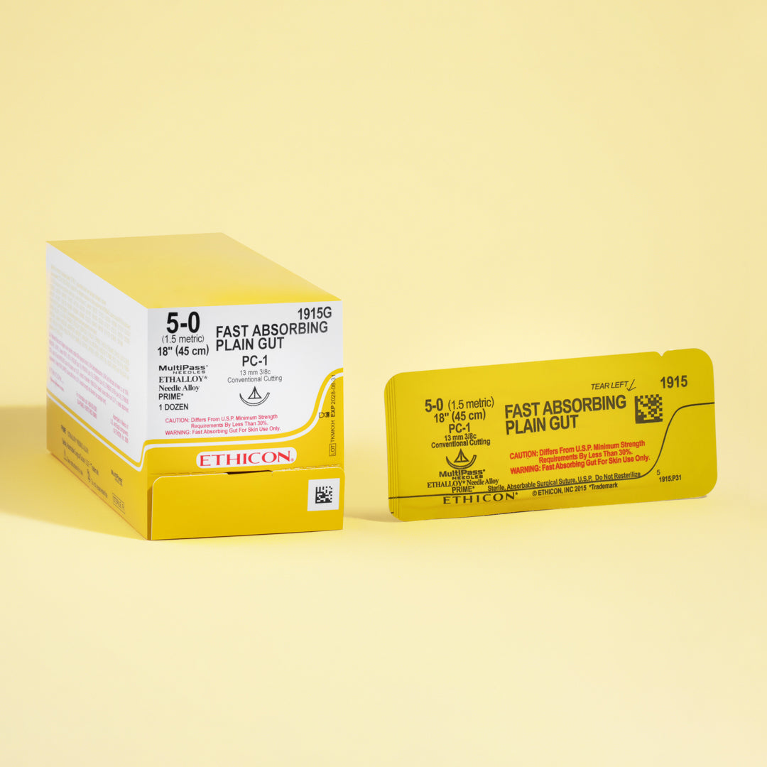 Box of 5-0 Fast Absorbing Gut sutures, reference 1915G, with yellowish-tan threads and a 13mm PC-1 conventional cutting needle, designed for quick absorption and delicate tissue approximation in surgical procedures, presented in the classic packaging