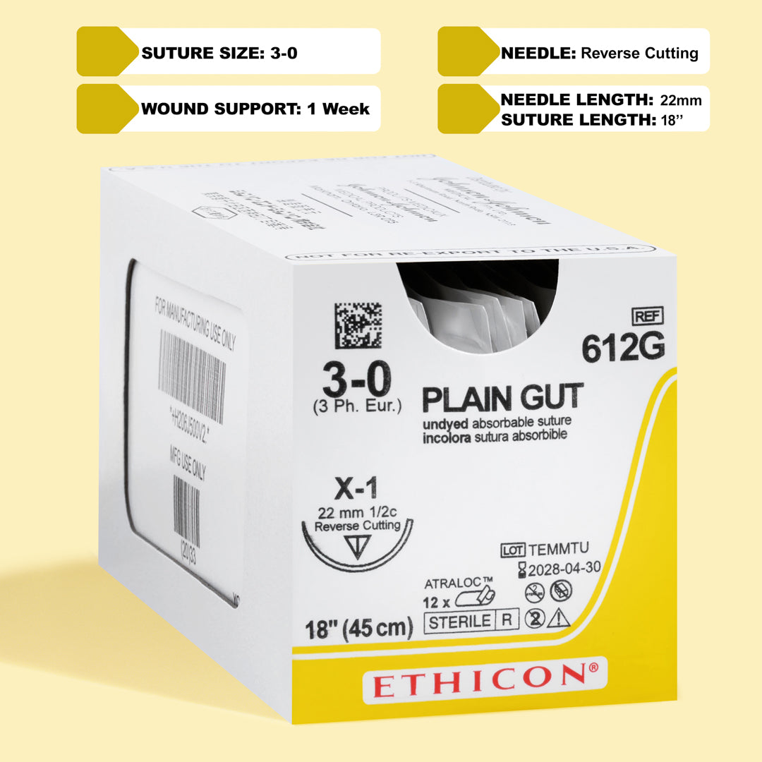 Box of 3-0 Surgical Gut Suture - Plain, reference 612G, featuring brown-colored sutures with a 22mm X-1 reverse cutting needle. The packaging highlights the suture's natural composition and absorbable qualities, designed for effective wound closure in various surgical procedures.