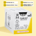 Box of 5-0 Surgical Gut Suture - Plain, model 686G, featuring yellowish tan sutures paired with a 13mm P-3 reverse cutting needle. The packaging emphasizes the suture's natural, absorbable qualities, tailored for precise and gentle tissue approximation in diverse surgical applications.