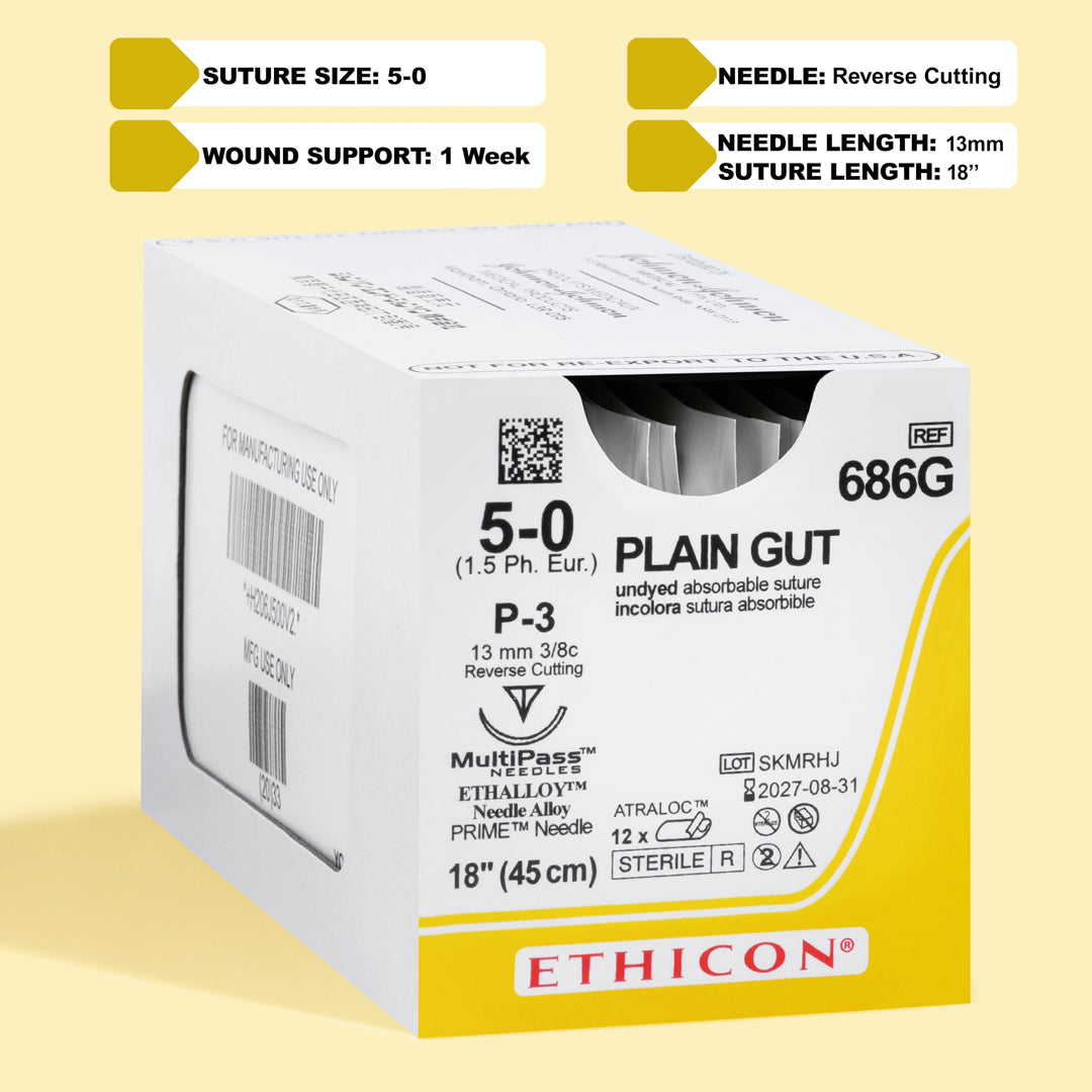 Box of 5-0 Surgical Gut Suture - Plain, model 686G, featuring yellowish tan sutures paired with a 13mm P-3 reverse cutting needle. The packaging emphasizes the suture's natural, absorbable qualities, tailored for precise and gentle tissue approximation in diverse surgical applications.