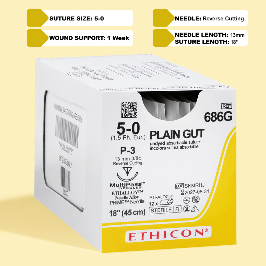 Fil de suture catgut simple 5-0, aiguille P-3 de 45 cm | 686G