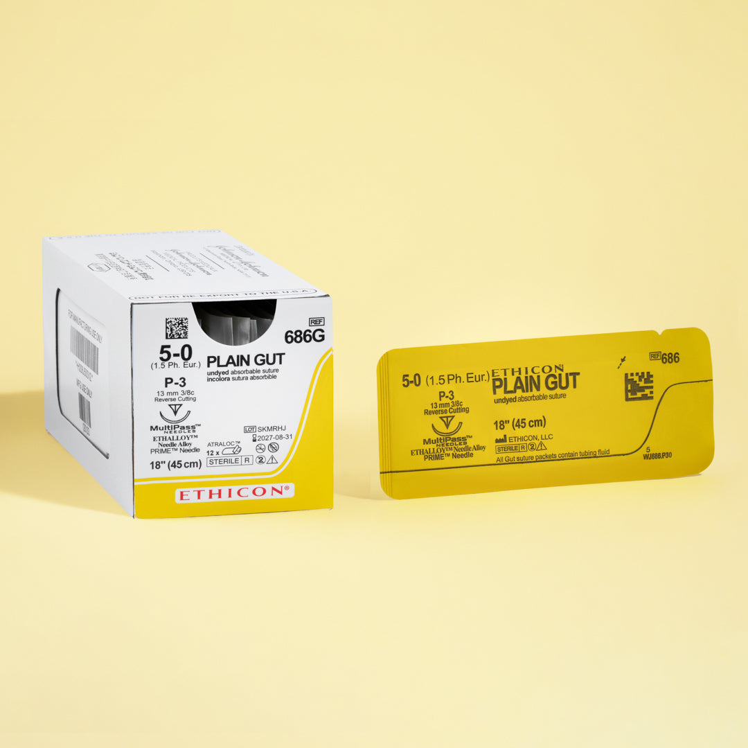 Box of 5-0 Surgical Gut Suture - Plain, model 686G, featuring yellowish tan sutures paired with a 13mm P-3 reverse cutting needle. The packaging emphasizes the suture's natural, absorbable qualities, tailored for precise and gentle tissue approximation in diverse surgical applications.