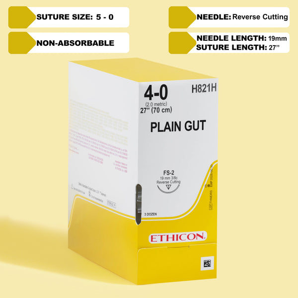 Box of 4-0 Plain Gut sutures, reference H821H, with yellowish-tan threads and a 19mm FS-2 reverse cutting needle, designed for consistent absorption and general tissue approximation in surgical procedures, in a convenient 36 suture pack.