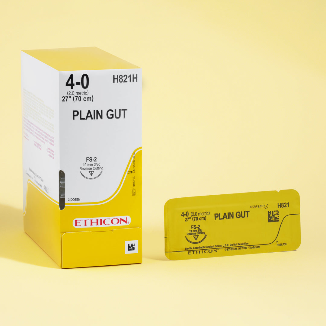 Box of 4-0 Plain Gut sutures, reference H821H, with yellowish-tan threads and a 19mm FS-2 reverse cutting needle, designed for consistent absorption and general tissue approximation in surgical procedures, in a convenient 36 suture pack.