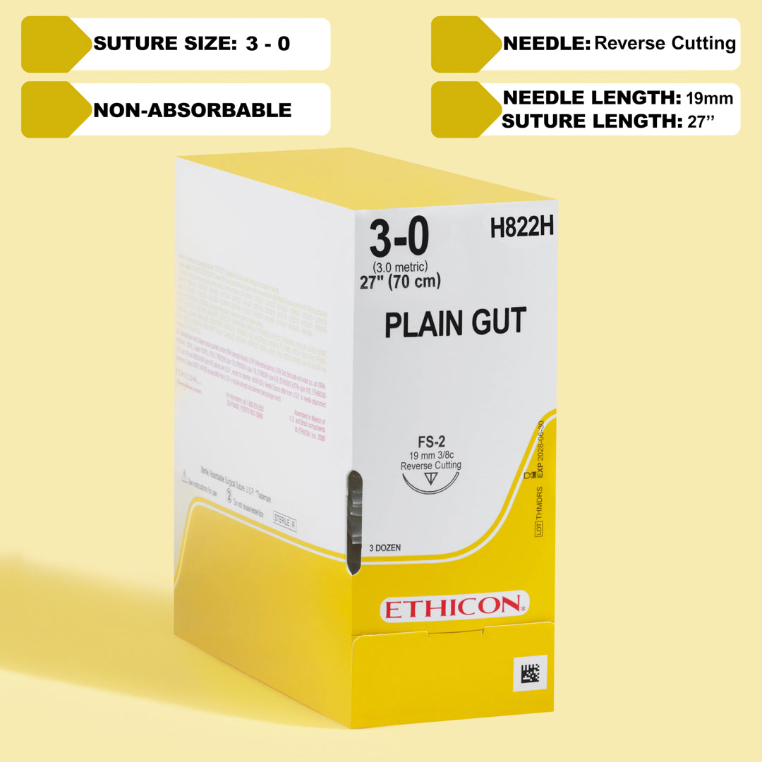 Box of 3-0 Plain Gut sutures, reference H822H, featuring yellowish-tan suture threads and a 19mm FS-2 reverse cutting needle, ensuring reliable absorption and secure tissue approximation for a variety of surgical procedures, available in a bulk package of 36 for clinical efficiency.