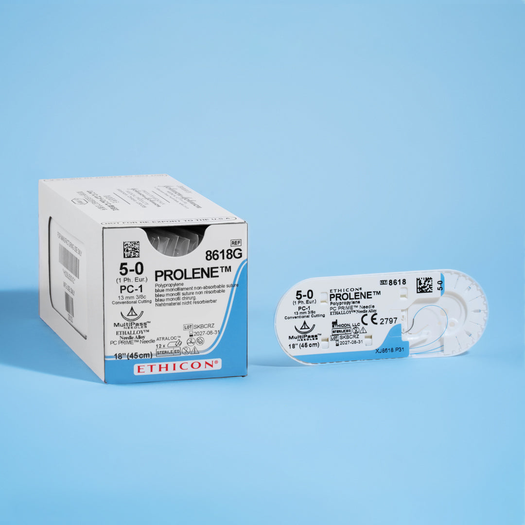 A box of PROLENE® 5-0 Blue Polypropylene Sutures, model 8618G, displaying the durable synthetic sutures equipped with a sharp 13mm PC-1 conventional cutting needle for precise surgical applications and enduring wound support