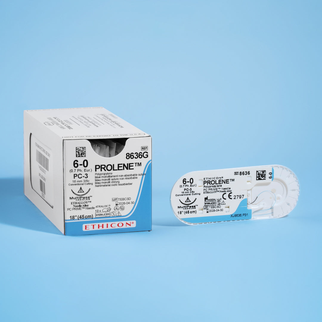A box of PROLENE® 6-0 Blue Polypropylene Sutures, model 8636G, displaying extremely fine sutures with a 16mm PC-3 conventional cutting needle for high-precision surgical tasks and enduring wound support
