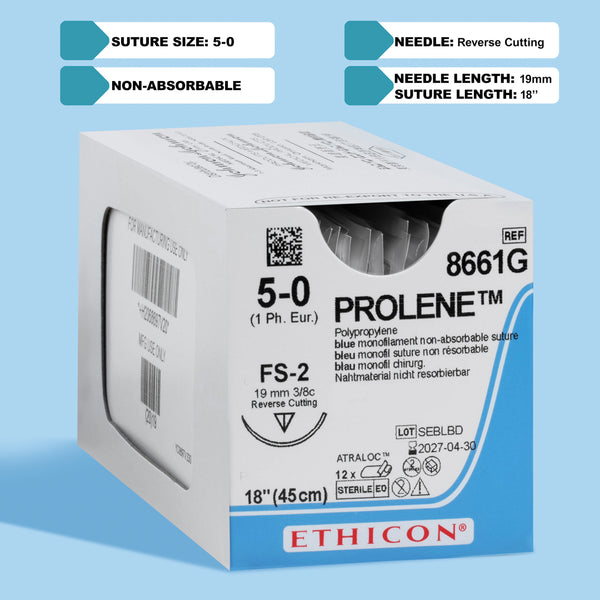 Box of PROLENE® 5-0 Blue Polypropylene Sutures, model 8661G, showcasing strong monofilament sutures with a 19mm FS-2 reverse cutting needle, designed for long-lasting wound support and precise tissue approximation in a range of surgical settings.