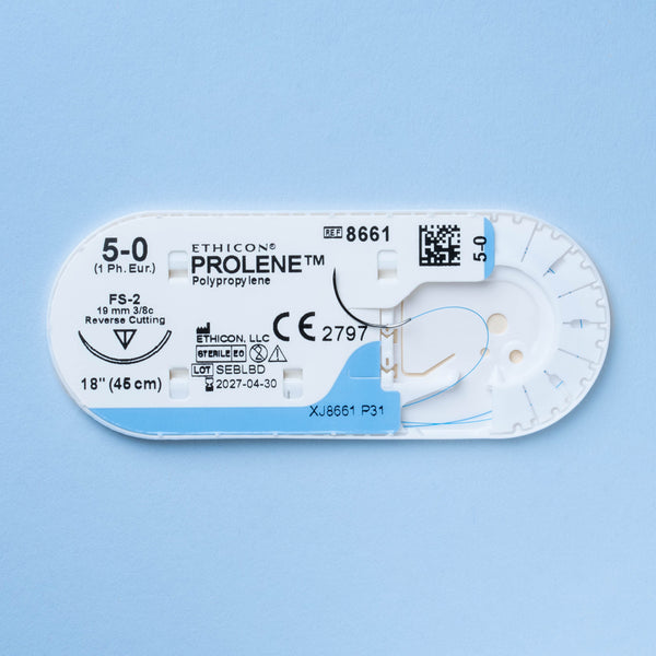 Box of PROLENE® 5-0 Blue Polypropylene Sutures, model 8661G, showcasing strong monofilament sutures with a 19mm FS-2 reverse cutting needle, designed for long-lasting wound support and precise tissue approximation in a range of surgical settings.