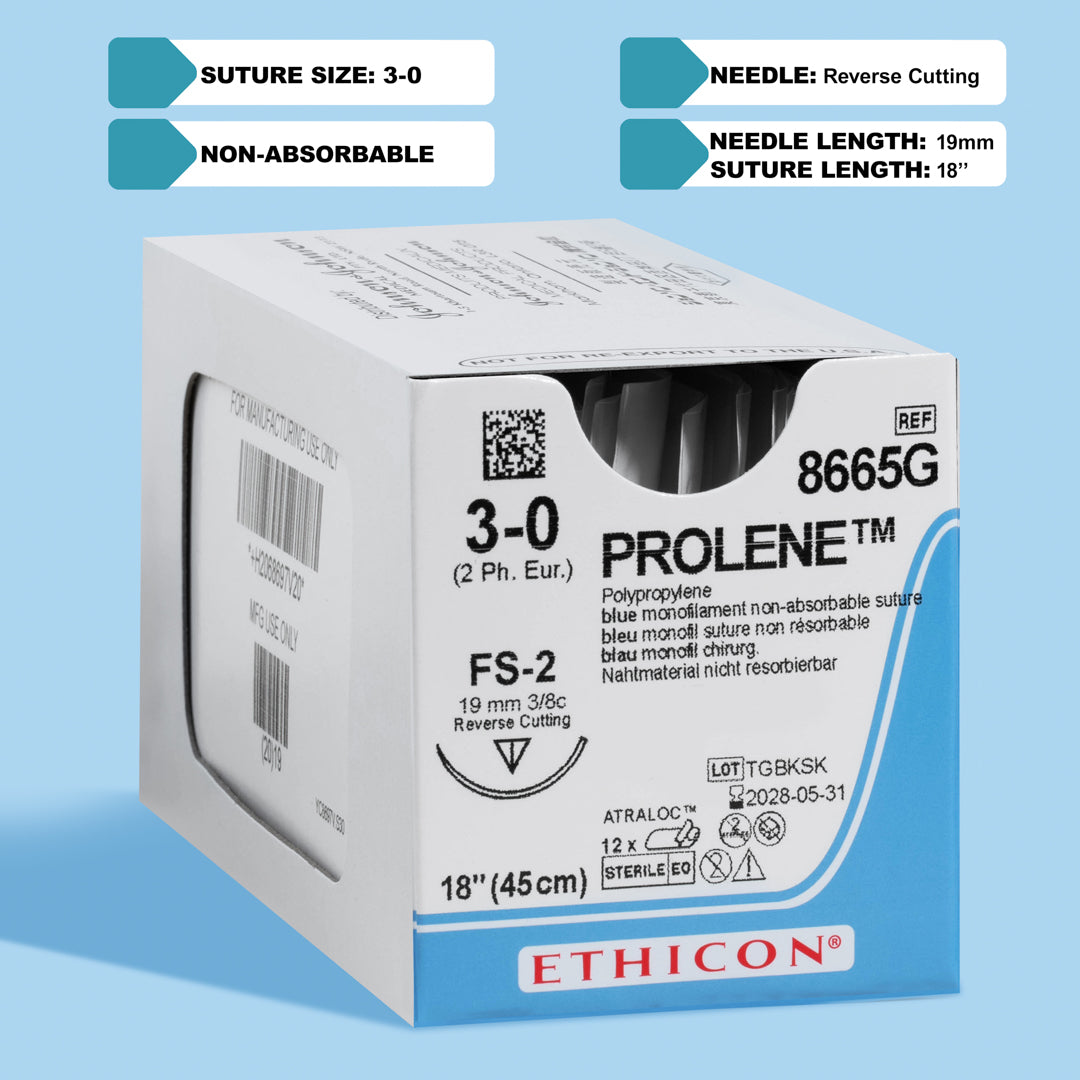 Box of PROLENE® 3-0 Blue Polypropylene Sutures, model 8665G, presenting durable sutures with a 19mm FS-2 reverse cutting needle, tailored for secure wound closure and precise tissue approximation in diverse surgical environments.