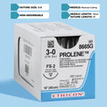 Box of PROLENE® 3-0 Blue Polypropylene Sutures, model 8665G, presenting durable sutures with a 19mm FS-2 reverse cutting needle, tailored for secure wound closure and precise tissue approximation in diverse surgical environments.