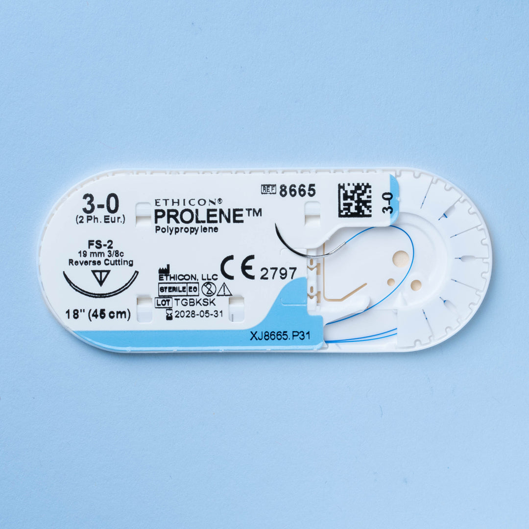 Box of PROLENE® 3-0 Blue Polypropylene Sutures, model 8665G, presenting durable sutures with a 19mm FS-2 reverse cutting needle, tailored for secure wound closure and precise tissue approximation in diverse surgical environments.