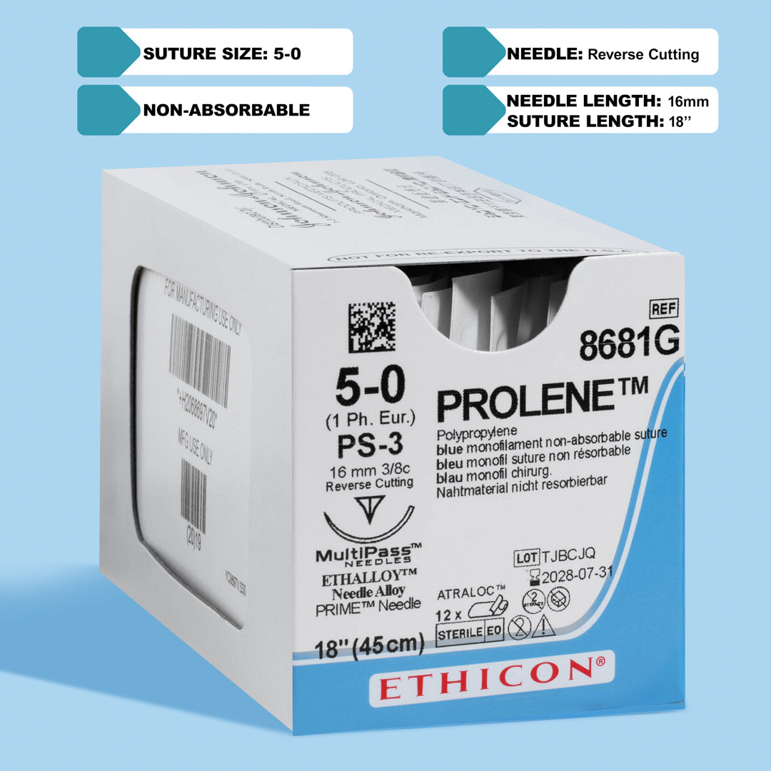 PROLENE® 5-0 Blue Polypropylene Sutures, model 8681G, equipped with a precision 16mm PS-3 reverse cutting needle. Designed for a broad spectrum of surgeries, from intricate medical and ophthalmic procedures to dental, dermatological, and cosmetic applications, ensuring reliable long-term tissue approximation with minimal visibility