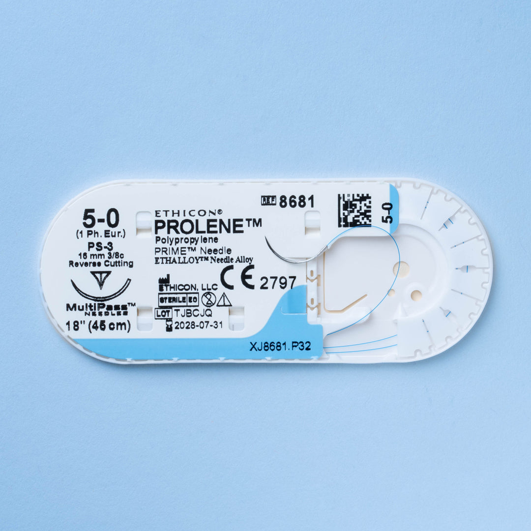 PROLENE® 5-0 Blue Polypropylene Sutures, model 8681G, equipped with a precision 16mm PS-3 reverse cutting needle. Designed for a broad spectrum of surgeries, from intricate medical and ophthalmic procedures to dental, dermatological, and cosmetic applications, ensuring reliable long-term tissue approximation with minimal visibility