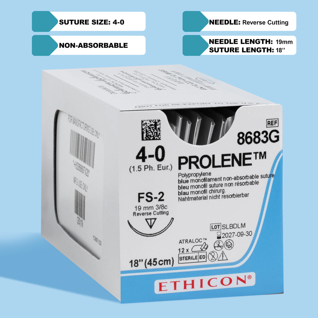 Box of PROLENE® 4-0 Blue Polypropylene Sutures, model 8683G, with durable monofilament threads and a 19mm FS-2 reverse cutting needle, designed for a wide range of surgical applications from medical and dental procedures to dermatological skin closures, ensuring long-term tissue approximation and minimal scarring.