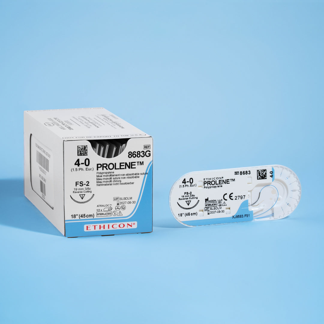 Box of PROLENE® 4-0 Blue Polypropylene Sutures, model 8683G, with durable monofilament threads and a 19mm FS-2 reverse cutting needle, designed for a wide range of surgical applications from medical and dental procedures to dermatological skin closures, ensuring long-term tissue approximation and minimal scarring.