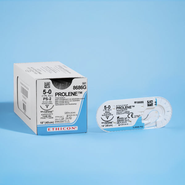 PROLENE® 5-0 Blue Polypropylene Suture pack, model 8686G, showcasing fine sutures with a 19mm PS-2 precision reverse cutting needle, optimal for detailed surgeries in ophthalmology, dental procedures requiring precision, and dermatological surgeries aimed at minimizing scarring.
