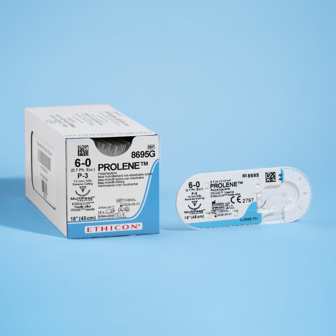 PROLENE® 6-0 Blue Polypropylene Suture pack, model 8695G, with ultra-fine sutures and a 13mm P-3 precision reverse cutting needle, perfect for intricate surgical applications in ophthalmology, dental surgery, and dermatology, ensuring durable support and minimal visibility.